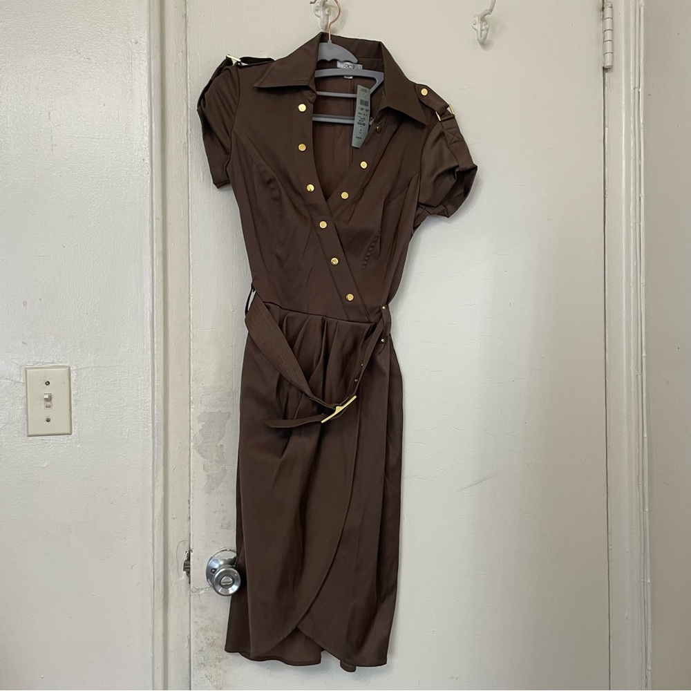 Cache Brown Sheath Dress with Notched Collar and Removable Belt